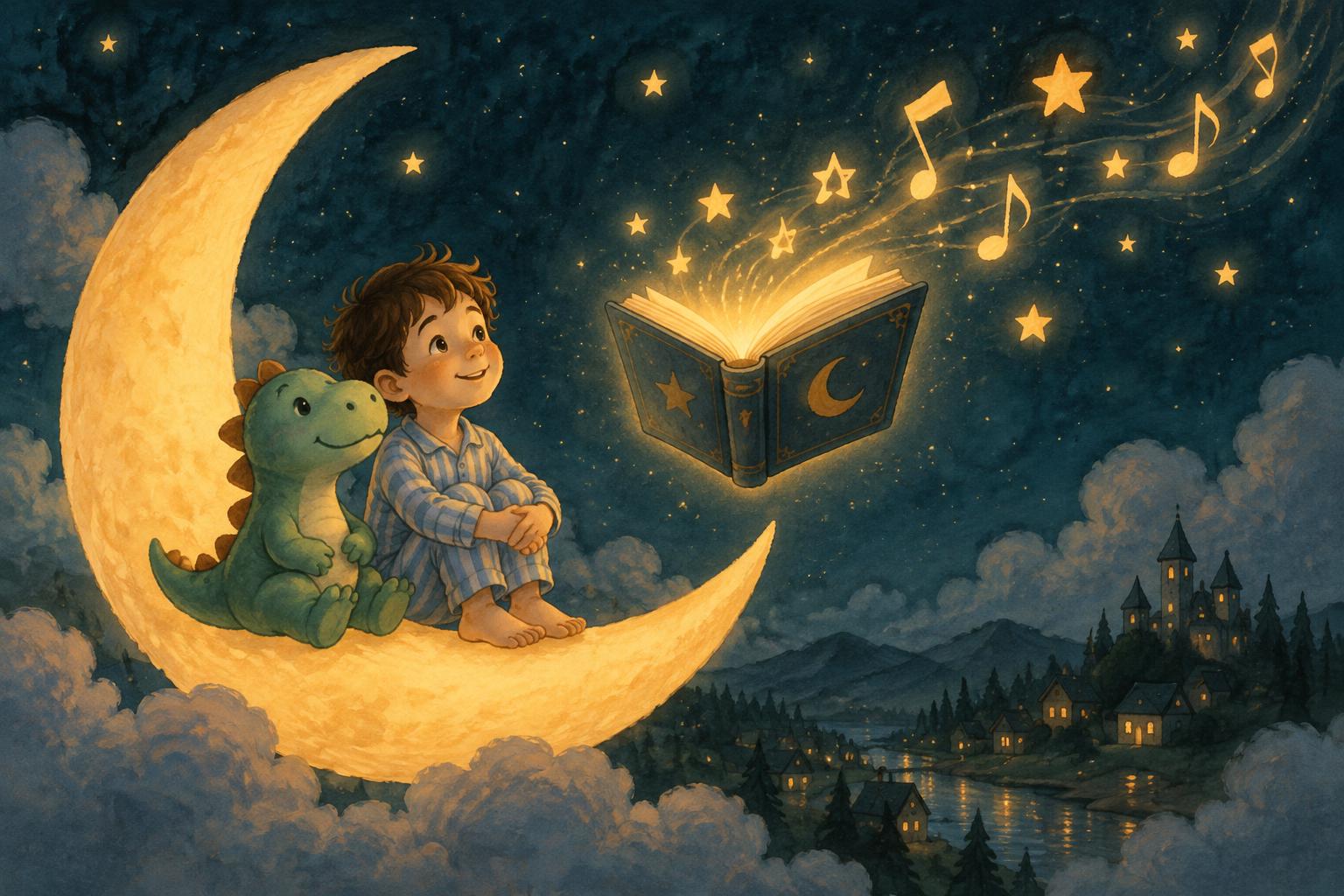 Niño y dinosaurio escuchando un audiocuento sobre la luna